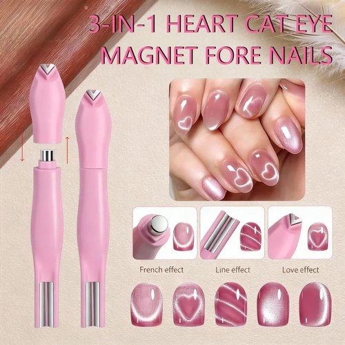JERCLITY 1 Pieces Light Pink Cat Eye Magnet for Nails 3 in 1 Heart Magnet for Cat Eye Gel Polish, Cylindrical Magnets with Scissor Shaped Tools for French Cat Eye Effect