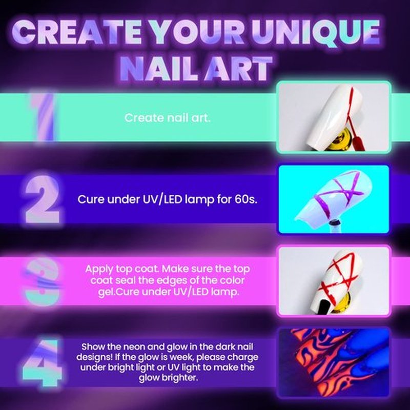 TWOEIGHT Gel Nail Polish Liner Nail Art 6 Colors 8ml Soak off UV Pigmented Built Thin Brush in Bottle Manicure DIY at Home Salon Quality Gift for Women noctilucent Red Orange Yellow Green Blue Purple