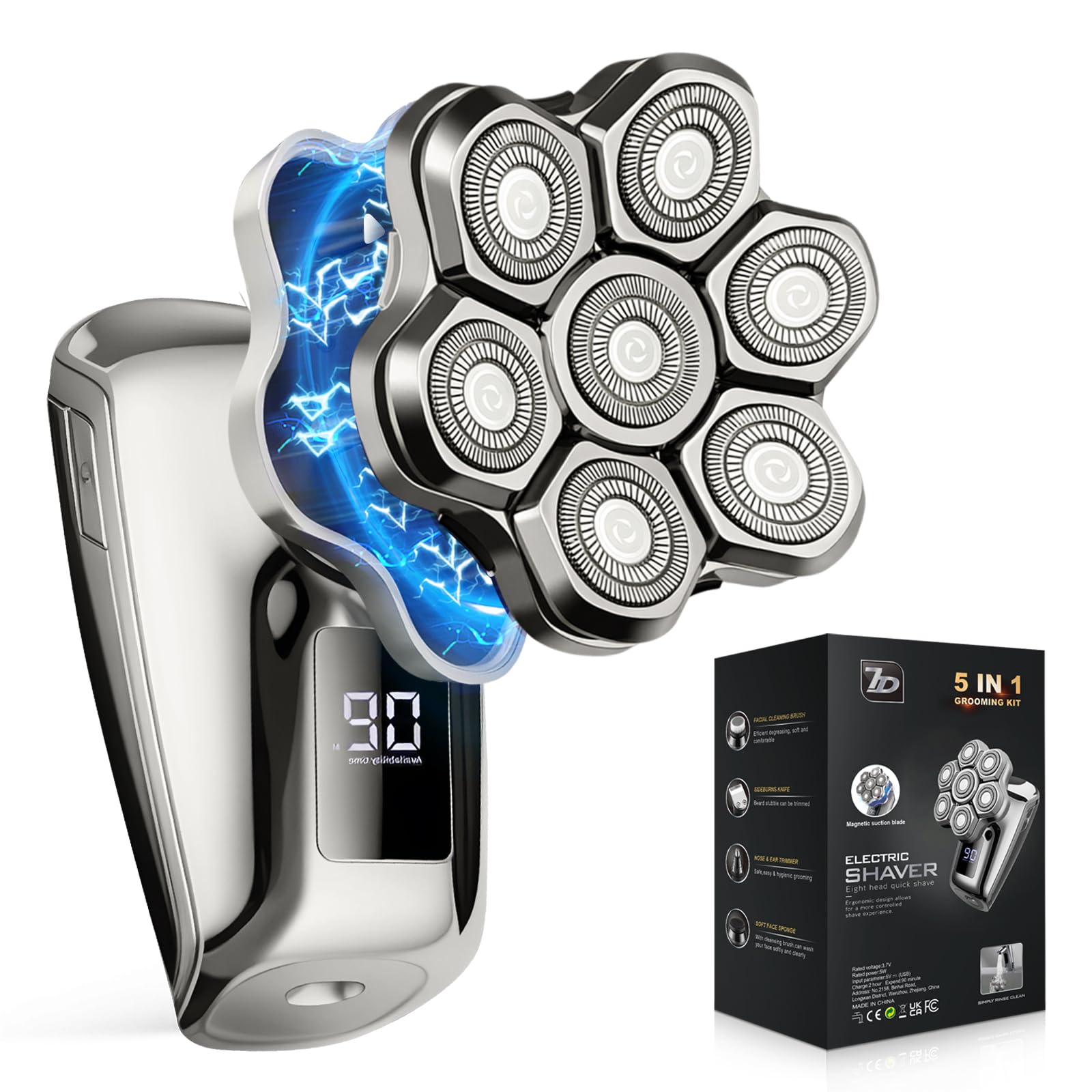 Maraiss Head Shaver for Bald Men, 7D Floating Head Electric Razor, IPX7 Waterproof Wet & Dry Bald Shaver with Magnetic Detachable Blade, Type-C Fast Charging LED Display, Gift for Men Father's Day