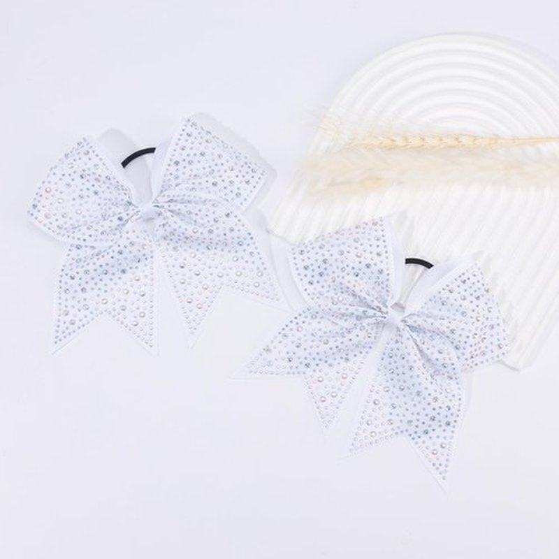 CN 10PCS Rhinestones Cheer Bows for Cheerleaders, White Glitter Hair Bows for Girls Large Elastic Ponytail Holder, Hair Accessories for Women Teens for Softball Competition School Spirit
