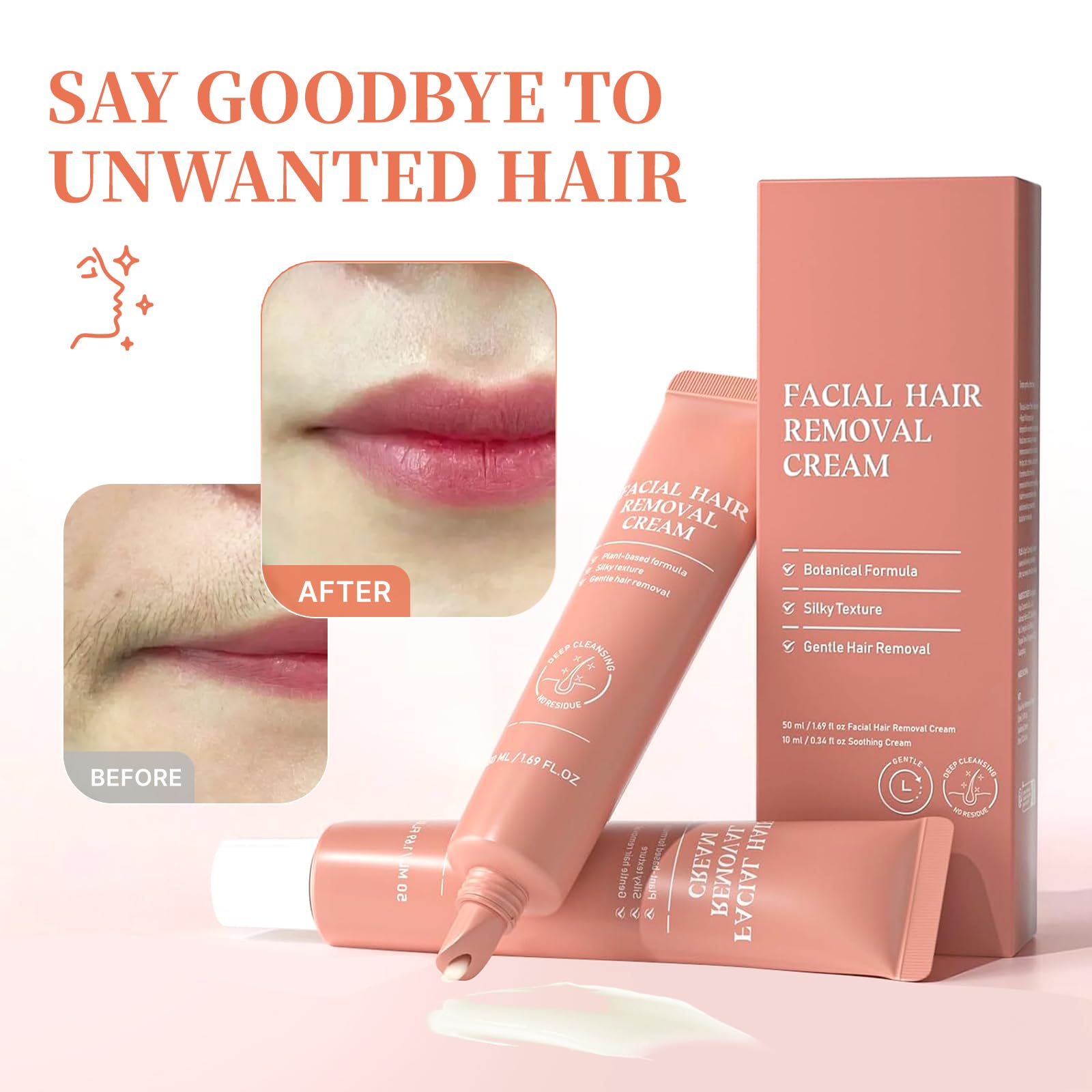 Women Facial Hair Removal Cream for Face Sensitive Skin, Painless Facial Depilatory Cream for Face, Flawless Unwanted Chin Upper Lip Hair Remover, At Home Pubic Hair Removal