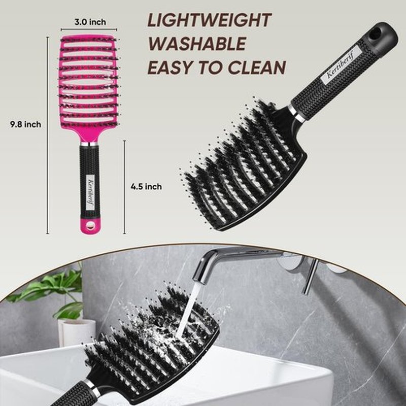 Kertiberif Boar Bristle Hair Brush 2PCS, Curved Vented Detangling Brush for Wet and Dry Hair, Styling Paddle Hairbrush for Women Men Kids Curly Straight Thick Long or Short Hair