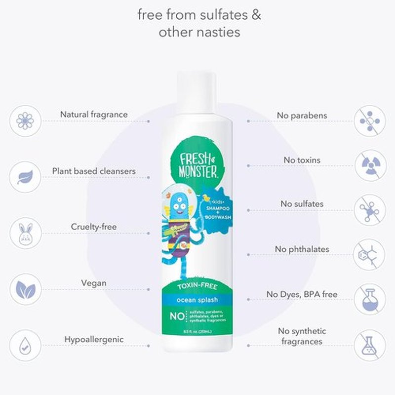 Fresh Monster 2-in-1 Kids Shampoo & Body Wash - Ocean Splash, 8.5oz | Toxin-Free & Hypoallergenic