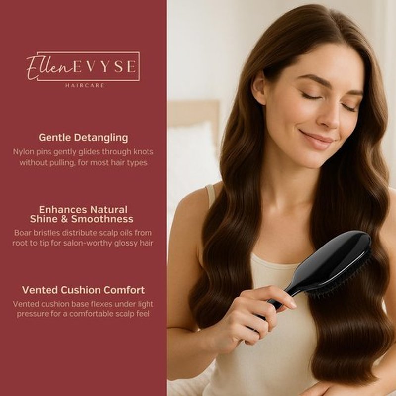 Ellen Evyse Boar Bristle Hair Brush, Nylon Pins and Soft Boar Bristles for Smoothing, Detangling, Reducing Breakage and Enhancing Shine, Hairbrush for Women,Men