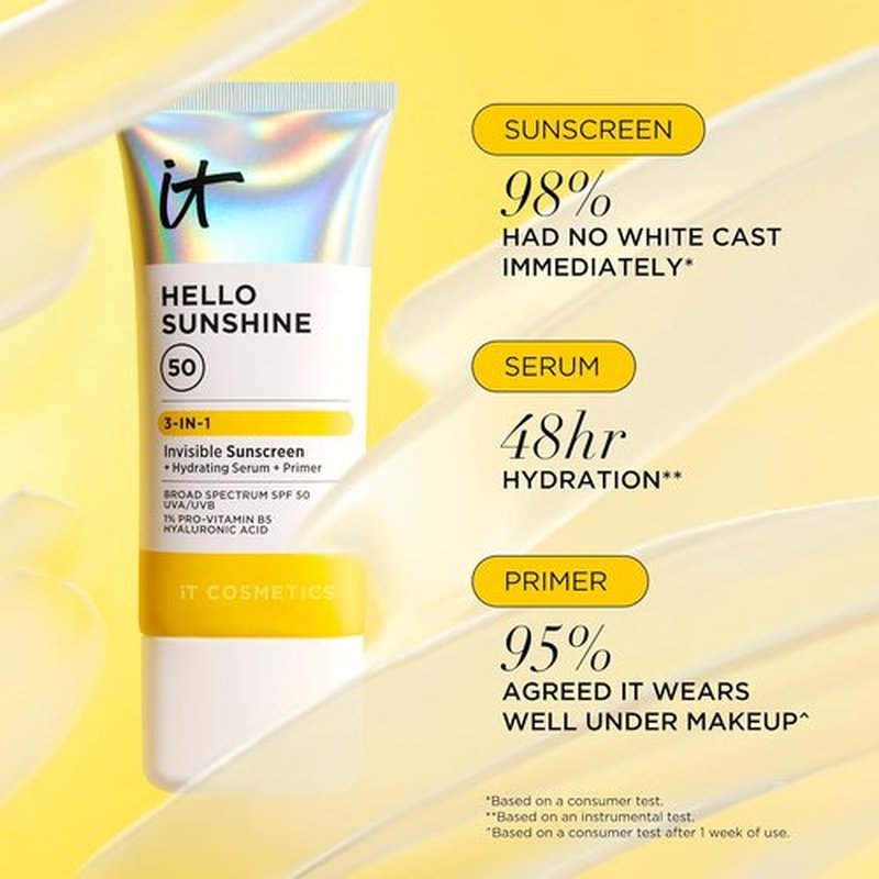 IT Cosmetics Hello Sunshine Invisible Sunscreen SPF 50 - Hydrating Serum & Makeup Primer - No White Cast, 1.7 oz
