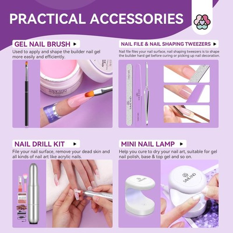 SAVILAND Builder Gel Set With Drill, 6 Art Brushes - 3 Hard Gels (VE&VB5&Kerain) Clear Pink Nudes, Lamp, Brush, Strengthener for Nail Extension