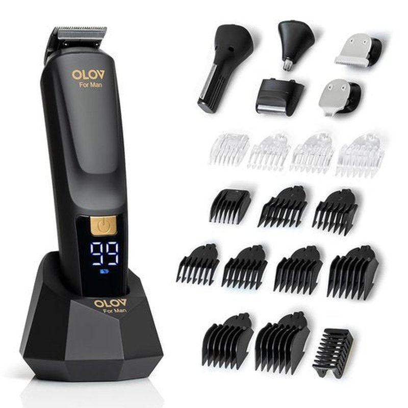OLOV Men's Beard Trimmer - 21-Piece All-in-One Grooming Kit with USB Recharge Dock | Hair Clipper & More