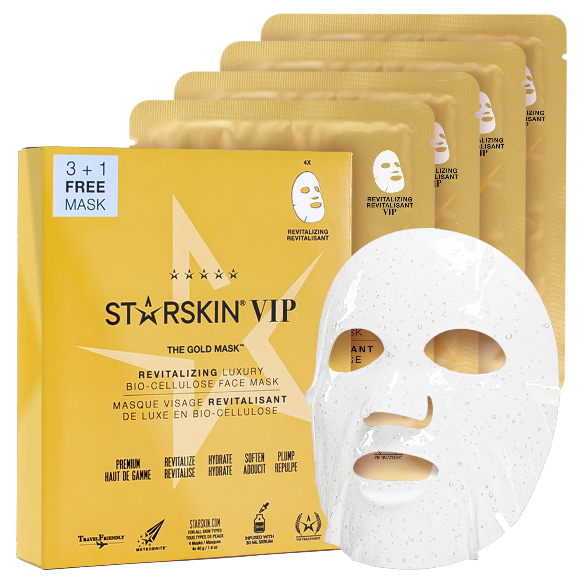 STARSKIN VIP Gold Mask Face, Coconut Bio-Cellulose Revitalizing Face Mask for all Skin Types, Korean Skin Care, Instant Hydration and Plump, Moisturizing and Nourishing, K-Beauty (Pack of 4)