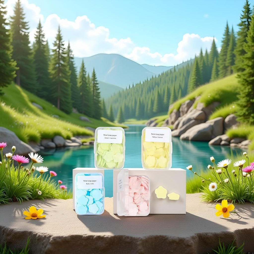 ZLmoue 4 Boxes Paper Soap, 4 Different Scented Mini Fresh Portable Disposable Petal Hand Wash Sheets, Dissolvable Hand Bath Soap, Suitable for Outdoor, Travel, Camping, (Approx 400 Sheets)