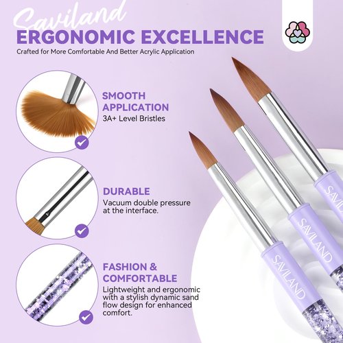 SAVILAND Kolinsky Acrylic Nail Brush Set: Sizes 6,10,14 - Professional Tool for Acrylic Powder Application & 3D Nail Art
