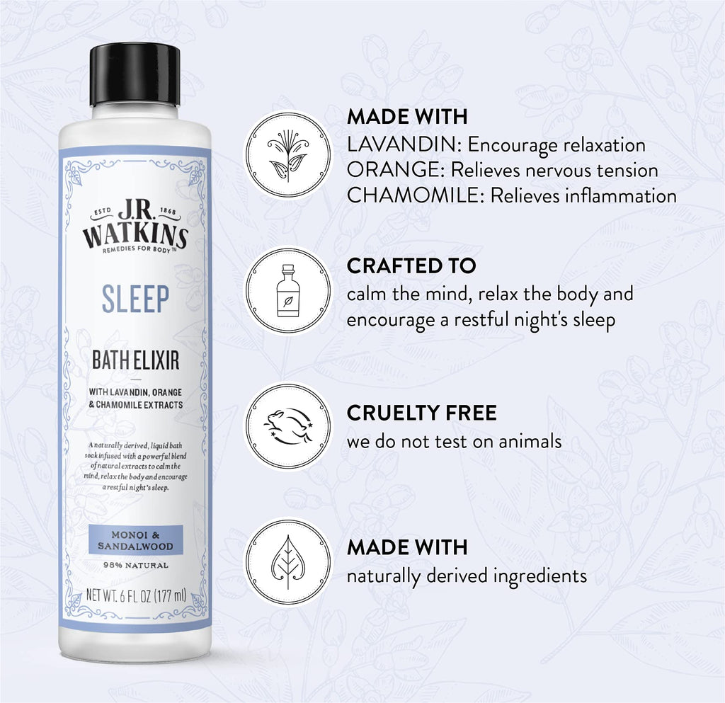 J.R. Watkins Sleep Bath Elixir, Liquid Bath Soak, Monoi & Sandalwood with Natural Extracts, No Salt, No Residue, 6 oz (Pack of 2)