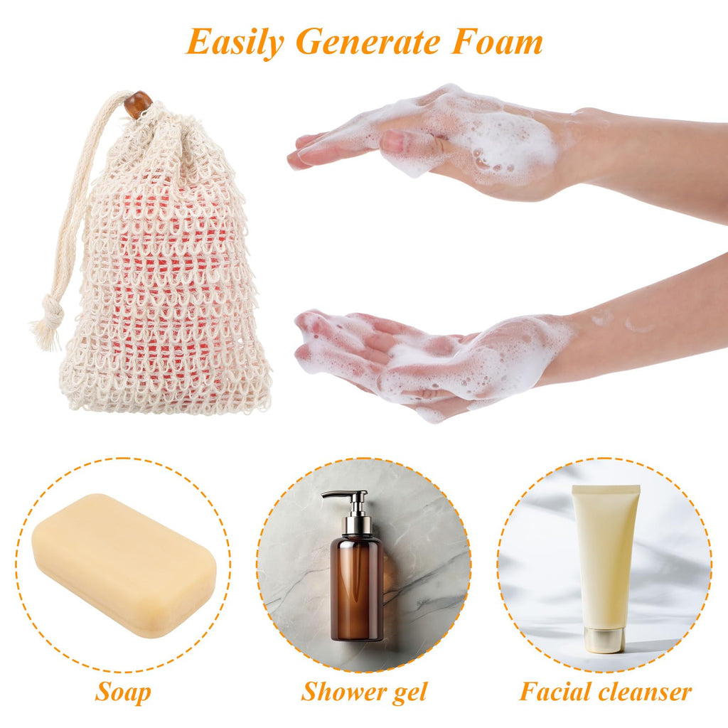 Aysatogc 6 Pack Soap Bag, Natural Sisal Soap Saver Bag Exfoliating Sisal Soaps Pouch with Drawstring Bar Shower Soaps Saver Bags Foaming and Drying Holder for Shower