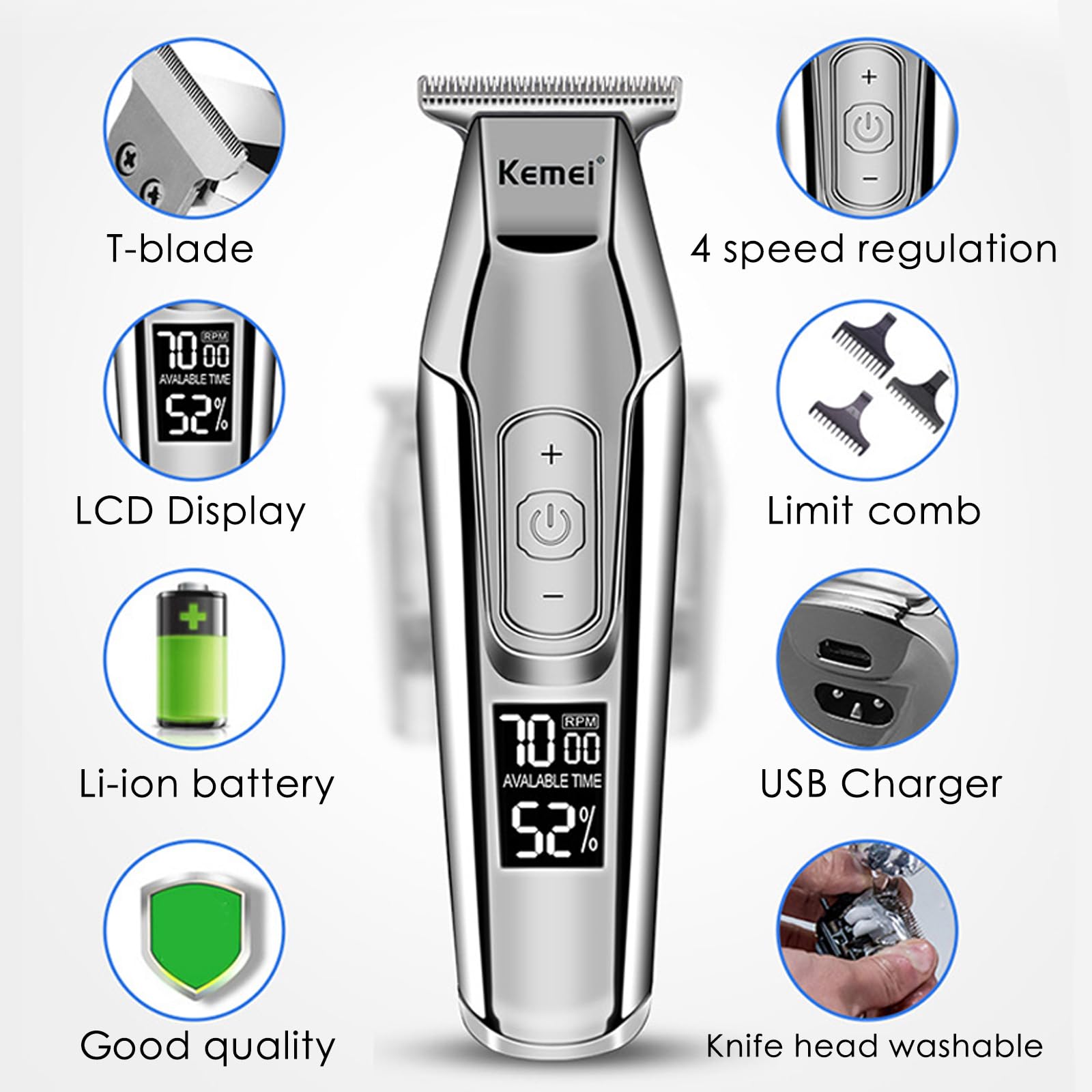 KEMEI Trimmer Cordless Hair Clipper for Men Professional Electric Beard Trimmers Barber Hair Cuttings Kit, Zero Gapped T Blade Detailers Trimmers for Men, KM-5027