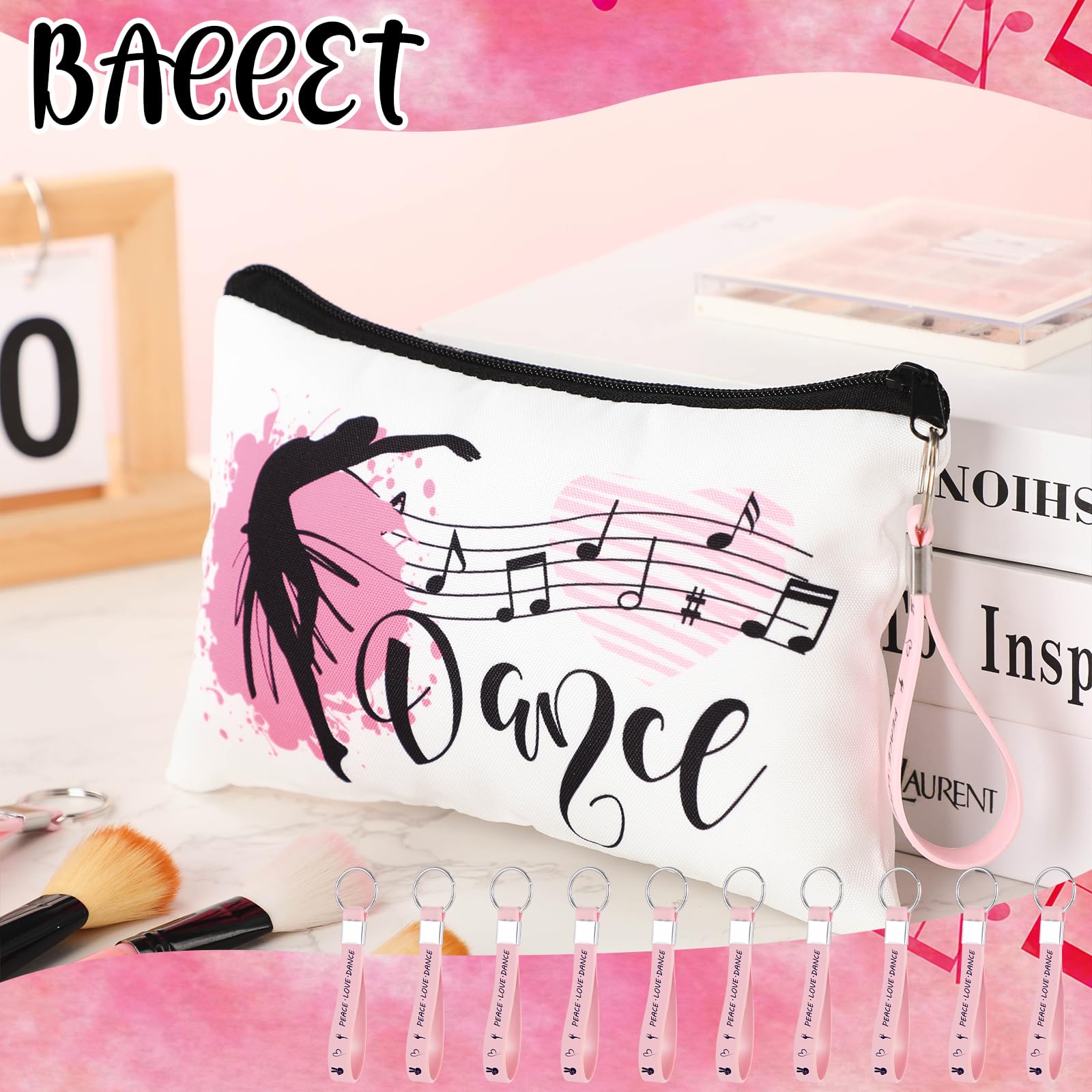 Kacctyen 20 Pcs Dancer Graduation Gifts Bulk Dance Team Makeup Bag for Women Pink Ballet Party Favors Silicone Quote Keychains Dancer Stuff Class Prizes Back to School Birthday Party Gifts for Friend