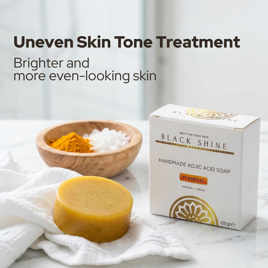 Black Shine BS Kojic and turmeric soap bar for face and body with glycerin, coconut acid, and turmeric root. Cleanses with a rich lather and leaves skin feeling soft, fresh, and comfortably clean.