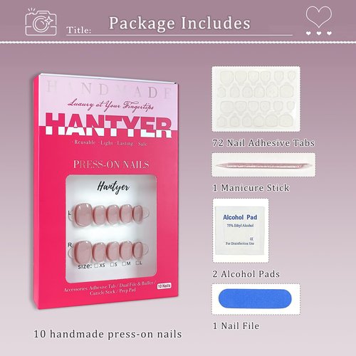 Hantyer Squoval Press On Nails, Handmade Soft Gel Nude Pink Glossy Fake Nails with Iridescent Glitter Sheen, Shimmer Jelly Design Full Cover Reusable False Nails 10PCS Kit (Size S)