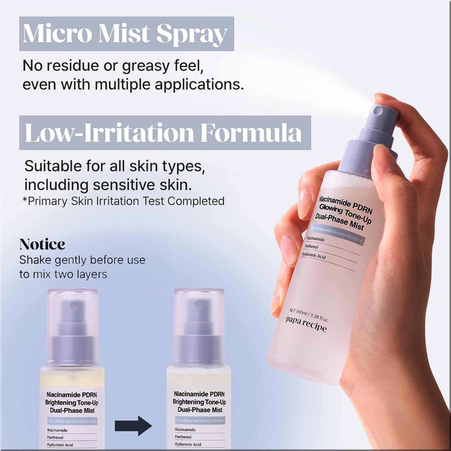 Papa Recipe Niacinamide PDRN Glowing Tone-Up Dual-Phase Mist(3.38fl oz/100ml) - Evening Out Skin Tone & Radiance, Instant Glow, Deep Hydrating Serum Spray, Lightweight & Non-Sticky