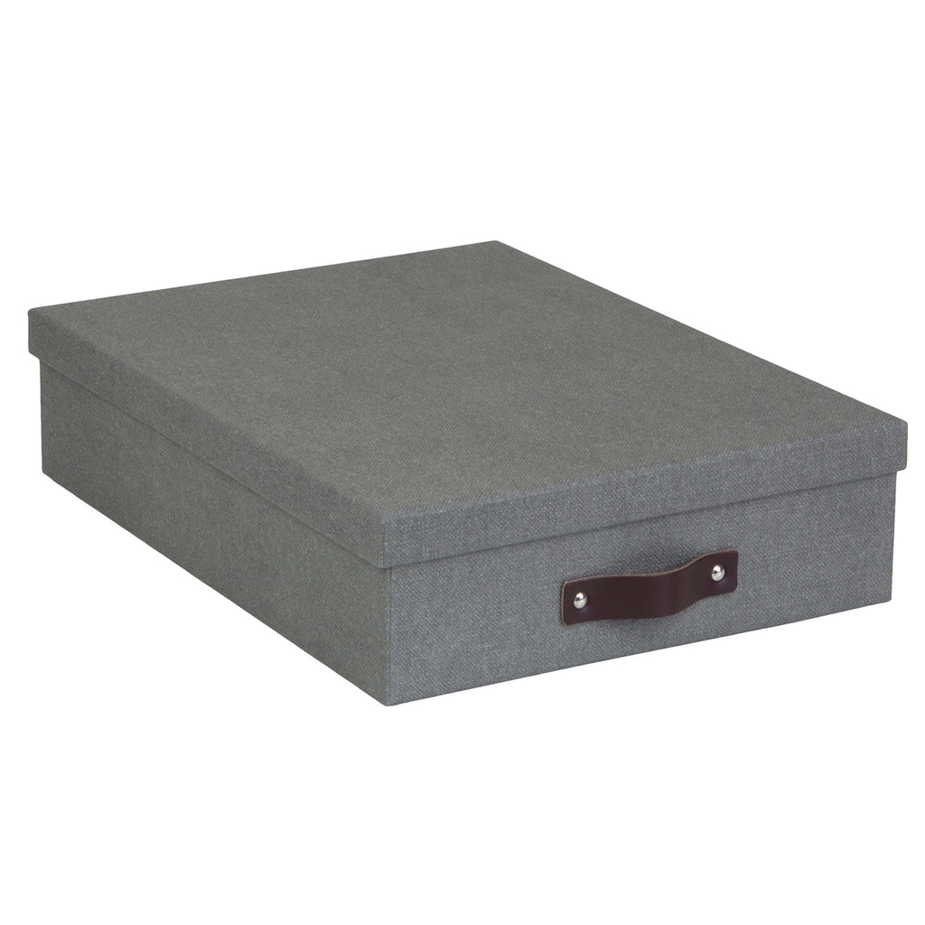 Bigso Oskar Canvas Fiberboard Document Letter Box - File Organizer Box for Important Paperwork - Document Storage with a Lid & Leather Handle - 3.3 in x 10.2 in x 13.8 in - Gray