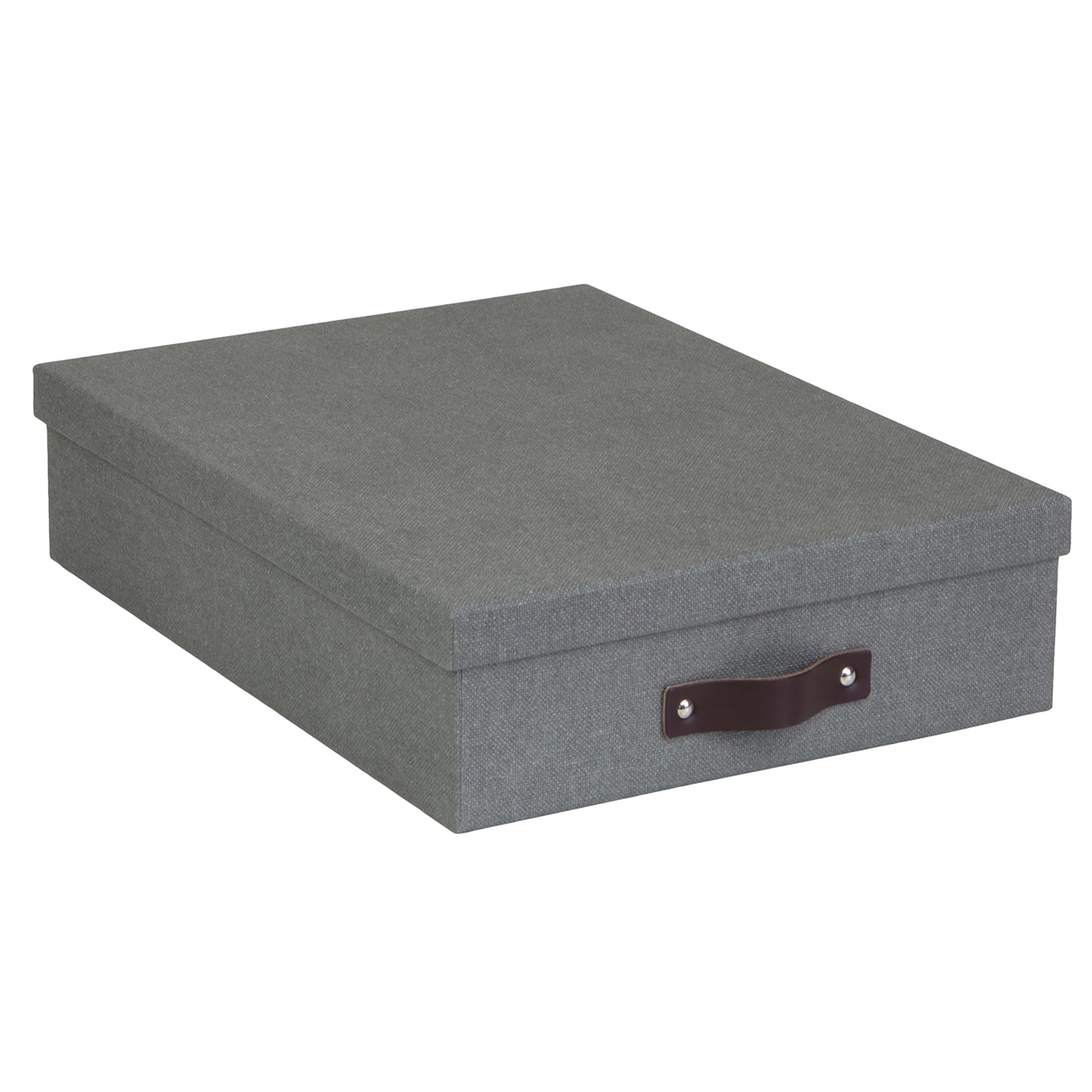 Bigso Oskar Canvas Fiberboard Document Letter Box - File Organizer Box for Important Paperwork - Document Storage with a Lid & Leather Handle - 3.3 in x 10.2 in x 13.8 in - Gray