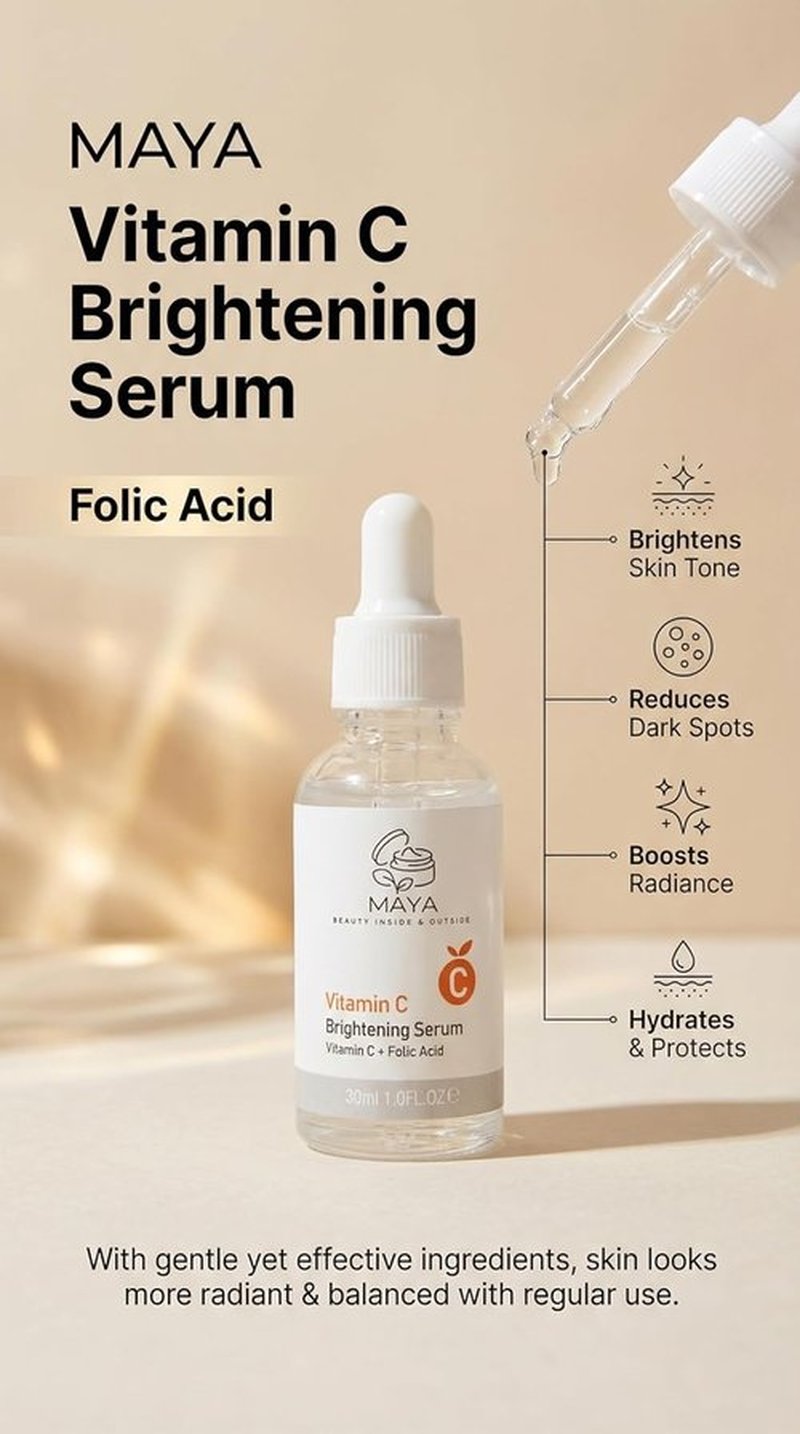 MAYA Vitamin C Brightening Serum - Hydrating & Glowing Face Serum with Folic Acid | 30ml