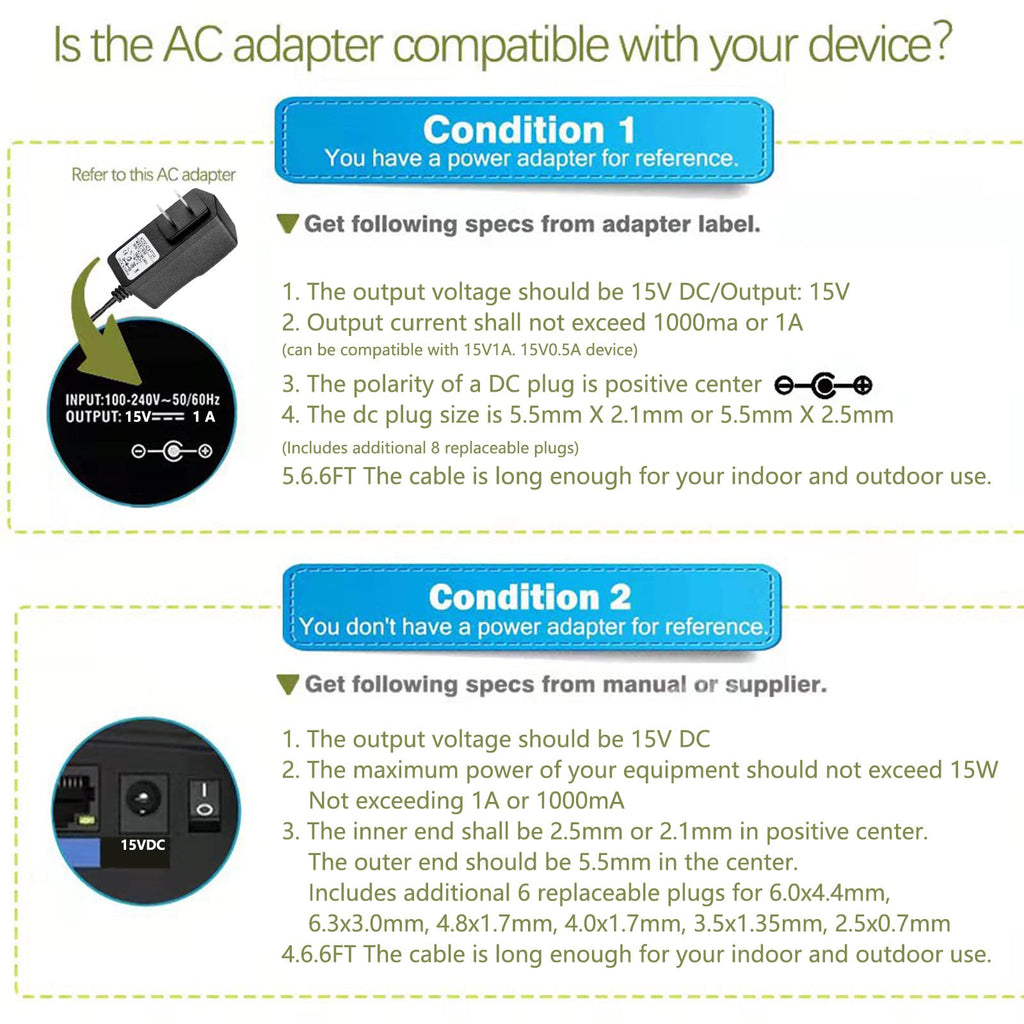 DC 15V 1A Adapter Charger Charging Cable Cord for Peak 450A 500A 600A 800A 1000A Auto Battery Booster Jump Starter, Compatible Beatit,Tacklife,Gooloo & More Portable Car Jump Starter