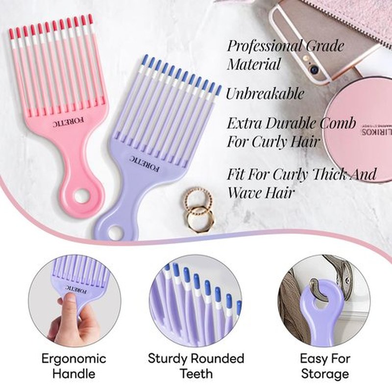 Foretic Smooth Hair Pick Comb for Curly, Thick, Medium to Long Hair, Facial Hair（Pink, Purple）