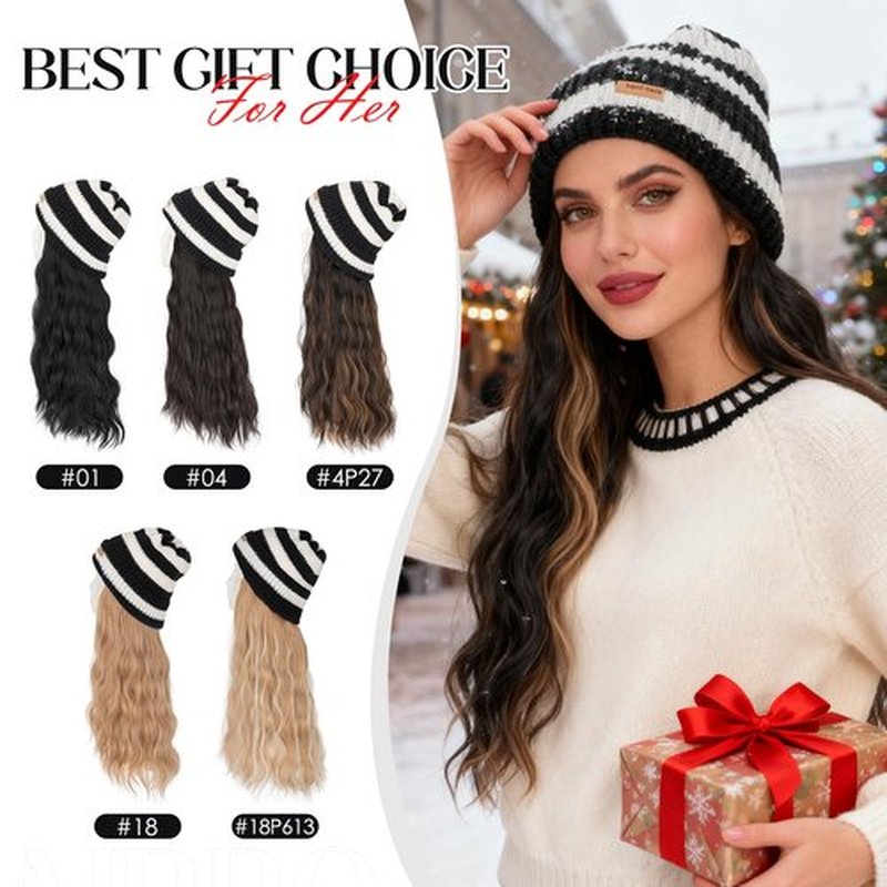 Hairro Hats With Hair Attached For Women Beanie Wig Synthetic Wavy Knitted Hat For Winter Warm Pom Pom Slouchy Cable Hat 18" 240g #4P27 Medium Brown&Dark Blonde