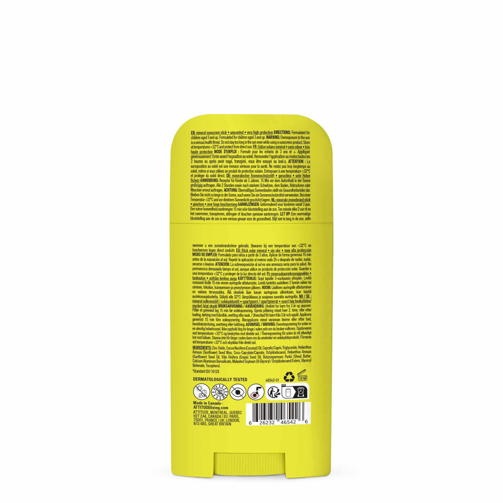 ATTITUDE Kids Mineral Sunscreen Stick SPF 50, Broad Spectrum Zinc Oxide, EWG Verified, Non-Nano, Mess-Free Stick for Face & Body, Lightweight Non-Greasy, Vegan, Unscented, 2 Oz