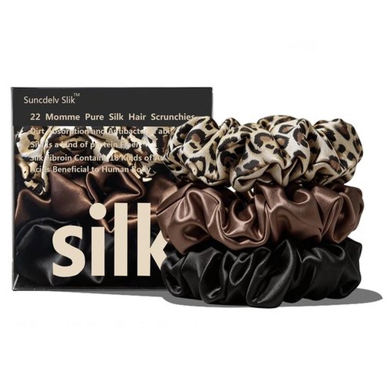 Suncdelv Silk,100% Silk Scrunchies for Hair,22 Momme Hair Ties for Anti-Crease & Breakage,Natural Women Hair Accessories，Fashion Hairbands 3PCS（Leopard print）