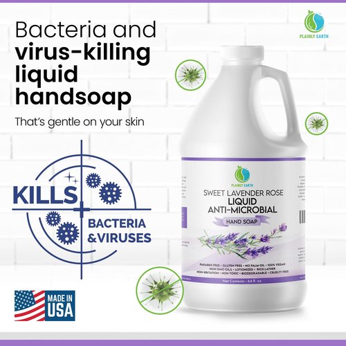 Plainly Earth AntiMicrobial Hand Soap 64 oz - Soft and Gentle Sweet Lavender Rose Antibacterial Hand Wash Soap, Long Lasting Freshness & Safe for Skin - Eco Friendly Bulk Refill Packaging