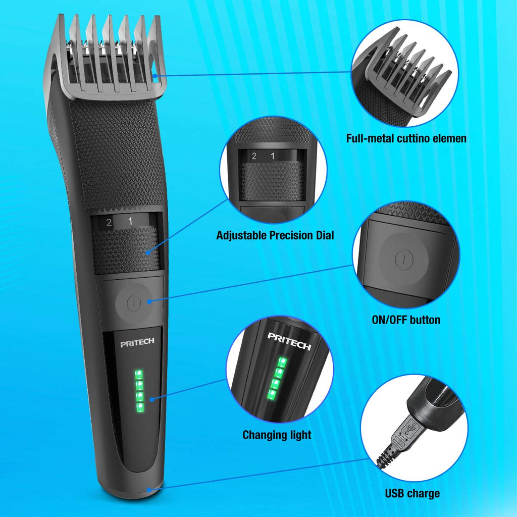PRITECH Electric Hair Clipper Cordless Beard Trimmer for Men Professional Barber Clippers, Hair Clipper with Comb Attachment and 20 Adjustable Settings, Washable Black