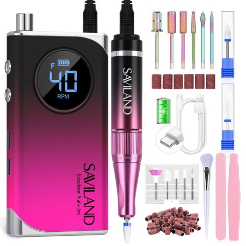 SAVILAND Professional Electric Nail Drill Machine: 40000RPM Rechargeable Nail Drill File with 4000mAh Battery, Ceramic Bit and Sanding Bands for Manicure, Pedicure, Shaping & Acrylic Removal Salon Use