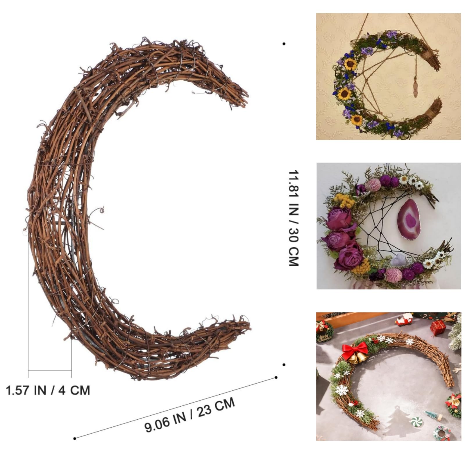NOLITOY Natural Grapevine Wreath for Front Door, 11.81 Inch Vintage Moon Shape Twig Spring Wreath for Crafts Easter Home Wall Hanging Decor Wedding Party Supplies