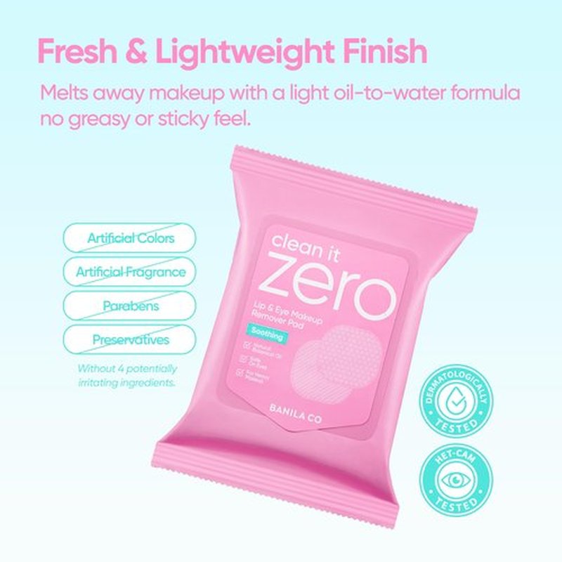 BANILA CO Clean It Zero Soothing Lip & Eye Makeup Remover Pads | Dual-Texture Cleansing Wipes for Waterproof Makeup | Gentle, Refreshing Finish with Natural Oils (30 Pads*2 Pack)