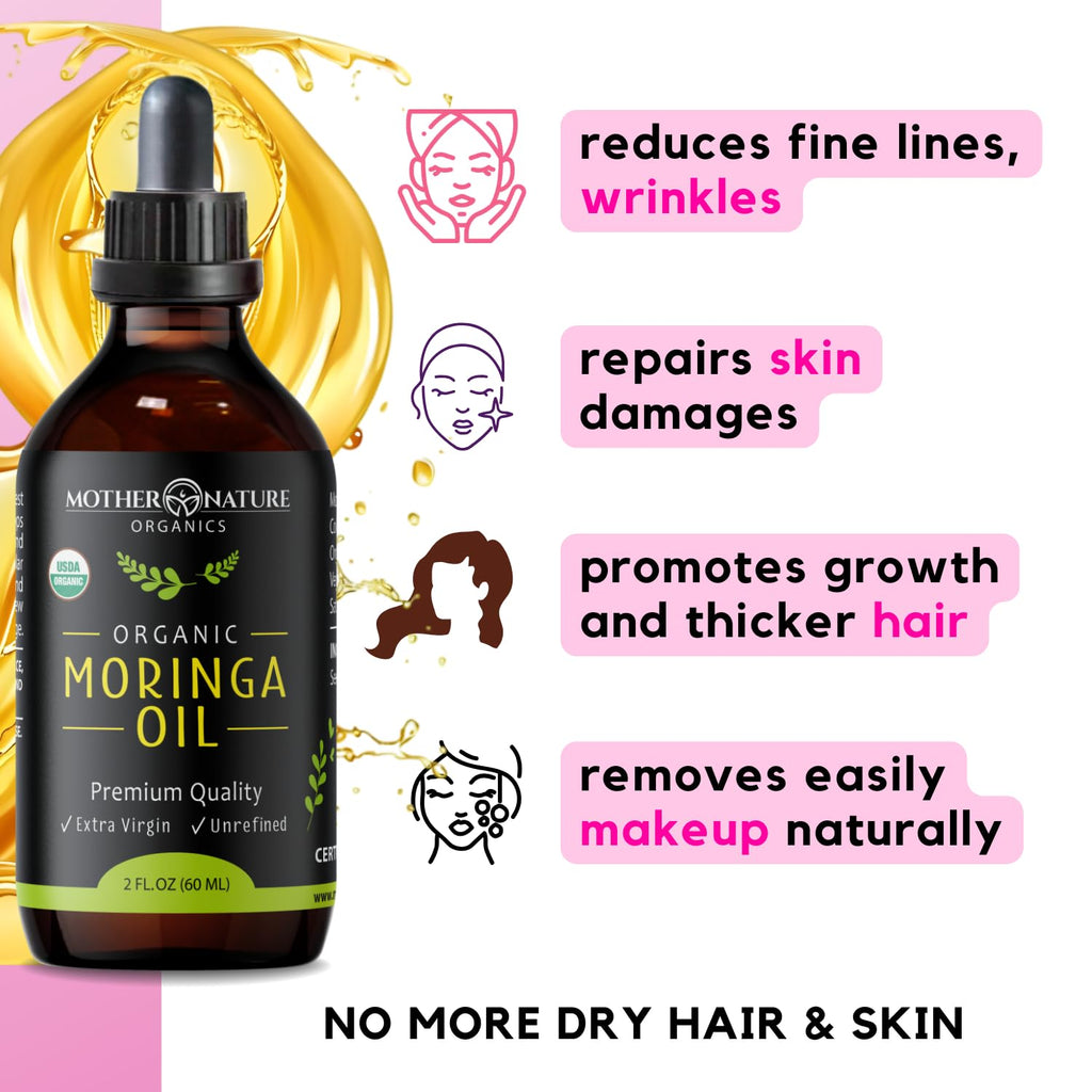 Moringa Oil - USDA Certified Organic, 100% Pure, Cold Pressed & Unrefined Gluten Free Oil (2oz) - Natural Moisturizer for Skin, Face, Body & Hair - Non-GMO & Vegan