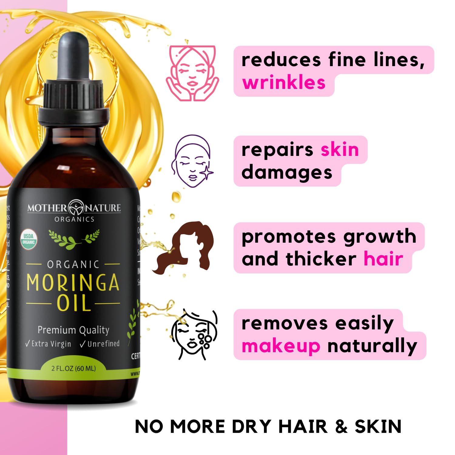 Moringa Oil - USDA Certified Organic, 100% Pure, Cold Pressed & Unrefined Gluten Free Oil (2oz) - Natural Moisturizer for Skin, Face, Body & Hair - Non-GMO & Vegan