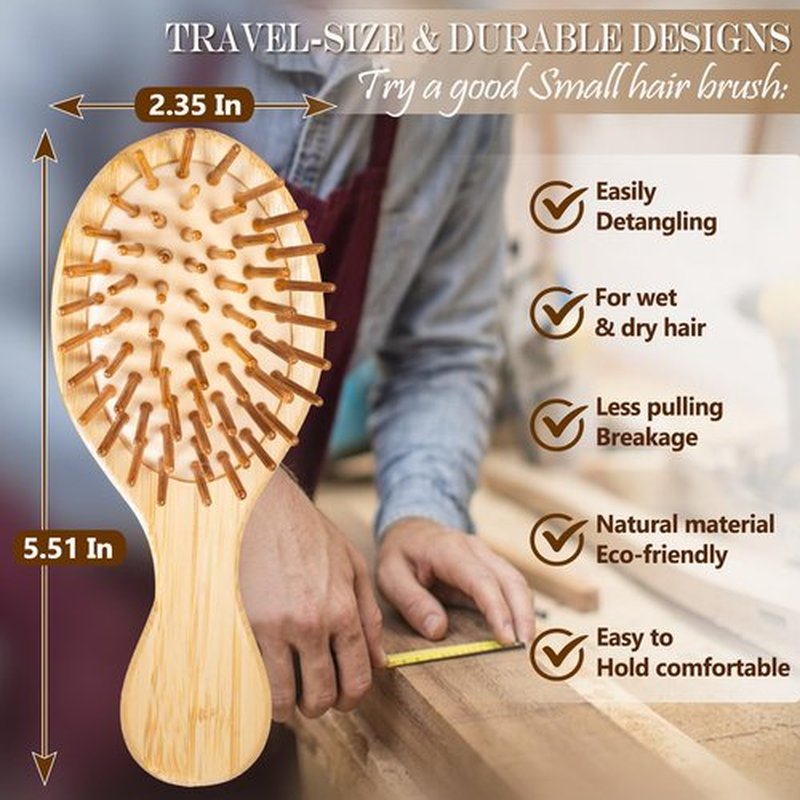 Mini Hair Brush, Travel Bamboo Bristle Detangle Hair Brush for Women - Small Portable Compact HairBrush for Girls Kids, Travel Size Brush for Purse, Car, Vacation, Traveling & Going out