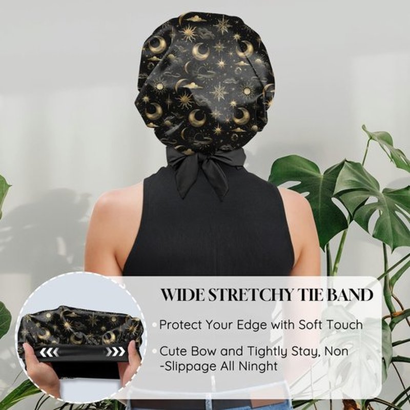 Deokke Satin Hair Braid Bonnet for Sleeping Double Layer Elastic Wide Soft Tie Band Sleeping Hair Silk Lined Sleep Cap for Women Girls-Sun Moon