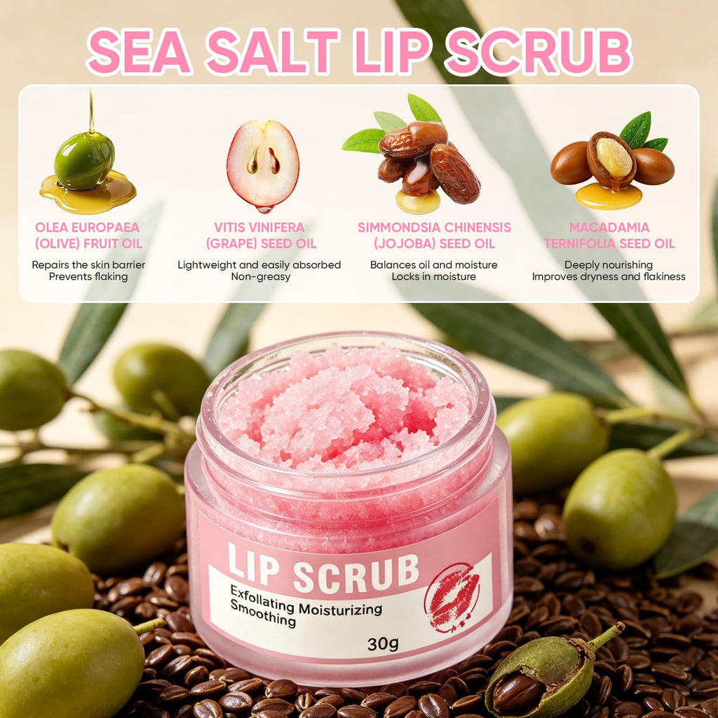 Natural Sea Salt Lip Scrub – Gently Exfoliates & Moisturizes, Removes Dry Flaky Skin for Soft, Smooth, Plump Lips, with Jojoba Oil & Shea Butter