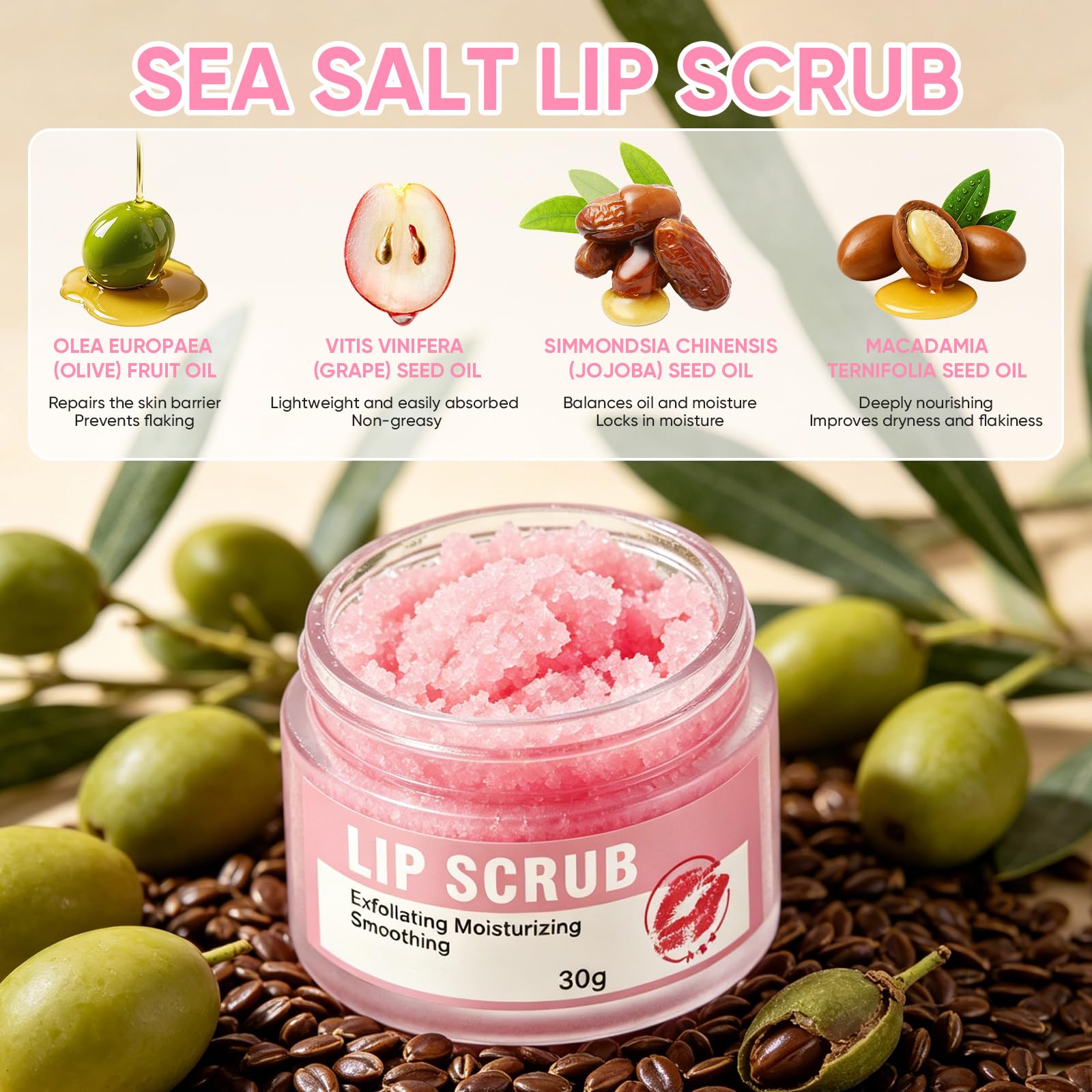 Natural Sea Salt Lip Scrub – Gently Exfoliates & Moisturizes, Removes Dry Flaky Skin for Soft, Smooth, Plump Lips, with Jojoba Oil & Shea Butter