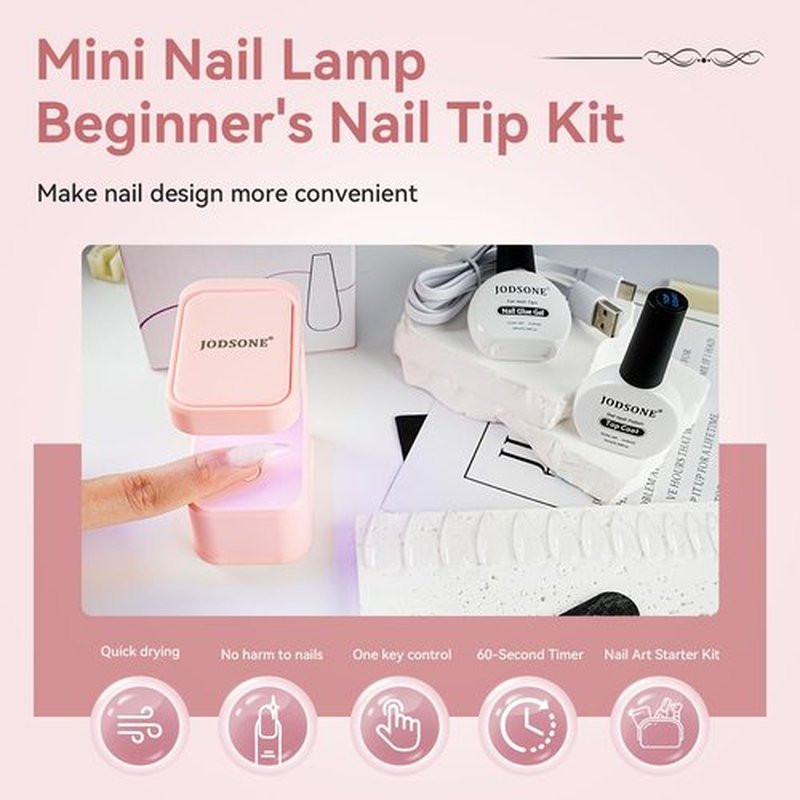 JODSONE Gel Nail Kit Long Almond Nail Tips 480PCS Mini Rechargeable Nail Lamp Pre Shaped Clear Full Cover Fake Nails Tips with Nail Glue & Top Coat U V LED Curing Lamp DIY Manicure Gifts for Women