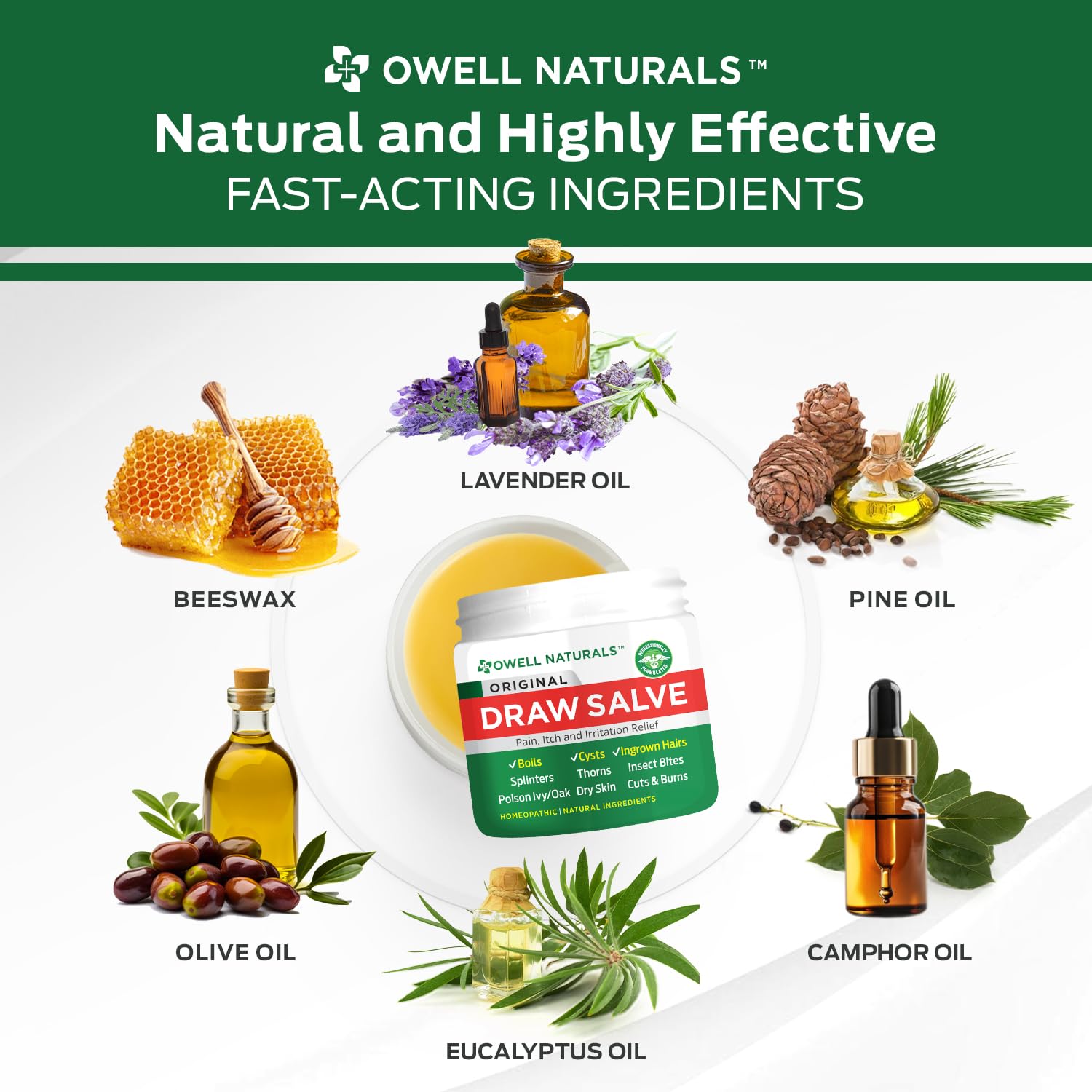 OWELL NATURALS Drawing Salve Ointment for Boil & Cyst Removal, Deep Ingrown Hair, Splinter Remover, Bug Spider Bites, Bee Sting, Mosquito Itching, Poison Ivy, 2 fl Oz (Pack of 2)