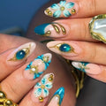 Medium Press on Nails Almond Fake Nails Blue French Tip False Nails with Flower Pearl Designs Gold Lines Acrylic Nails for Women 24Pcs
