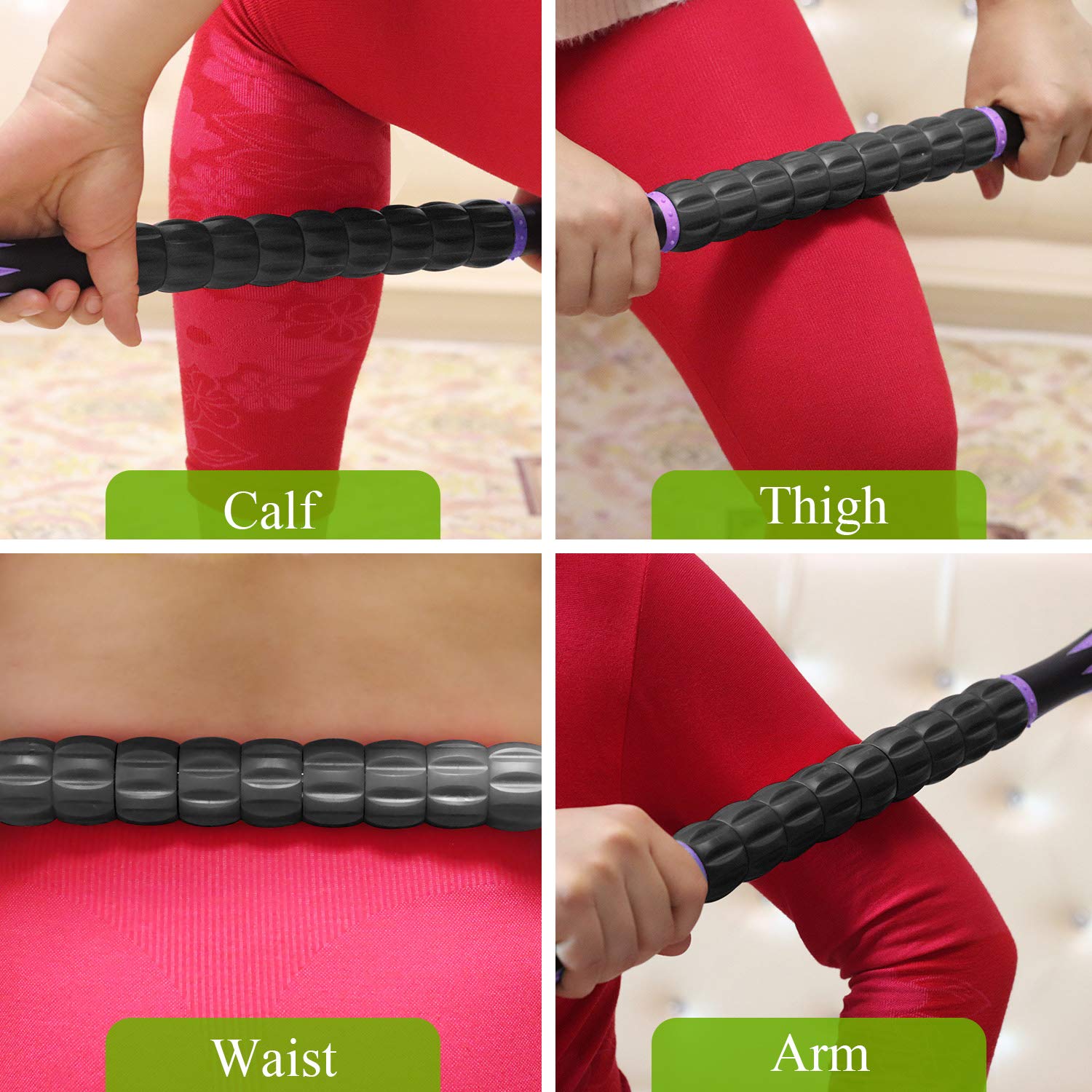 MZDXJ Muscle Roller Massage Roller Stick- Deep Tissue Fascia Blaster for Myofascial Pain Relief, Lymphatic Drainage & Body Sculpting, Handheld Physical Therapy & Recovery Tool (Purple Black-18 inch)