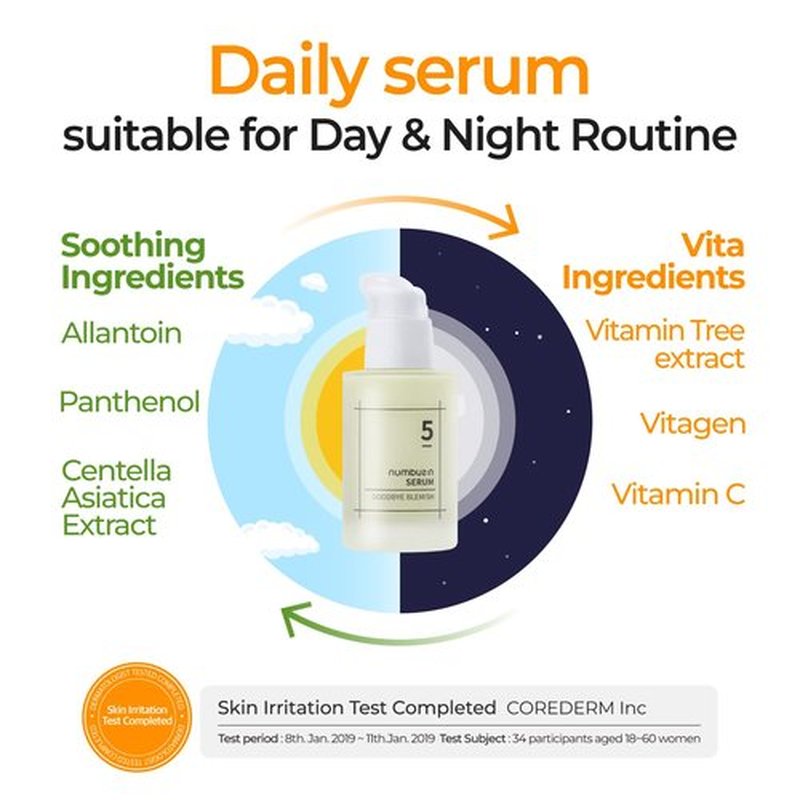 numbuzin No.5 Serum | Goodbye Blemish Serum | for Acne Scars with Vitamin C, Niacinamide, Antioxidant | Lightweight Gel, Korean Skincare for Face | 1.69 fl. oz.