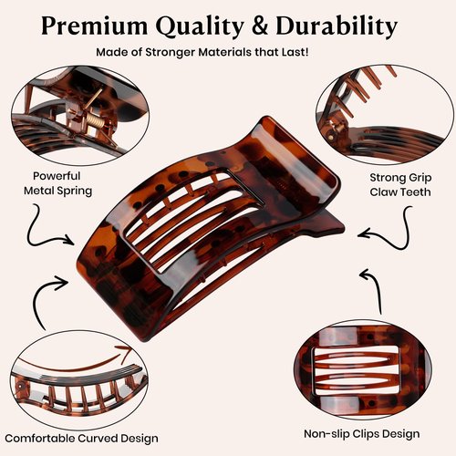 4 PCS Flat Hair Clips - French Rectangle Lay Down Claw Clips for Women Girls, Strong Hold Square Hair Accessories for Thick Thin Hair, Comfortable Curved Design for Lying, Driving and More (Tortoise)
