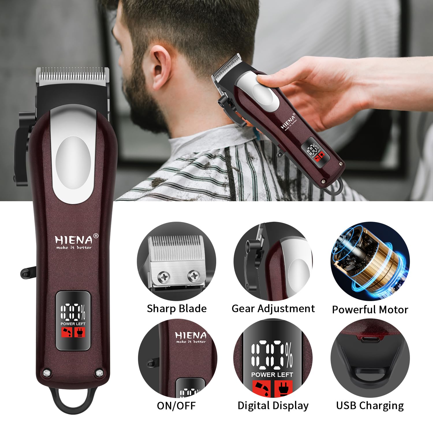 HIENA PRO Professional Hair Clipper for Men, Cordless Hair Clippers for Hair Cutting, Rechargeable Barber Clipper & Trimmer with LCD Display, USB Charging, Gift for Men (Brown)