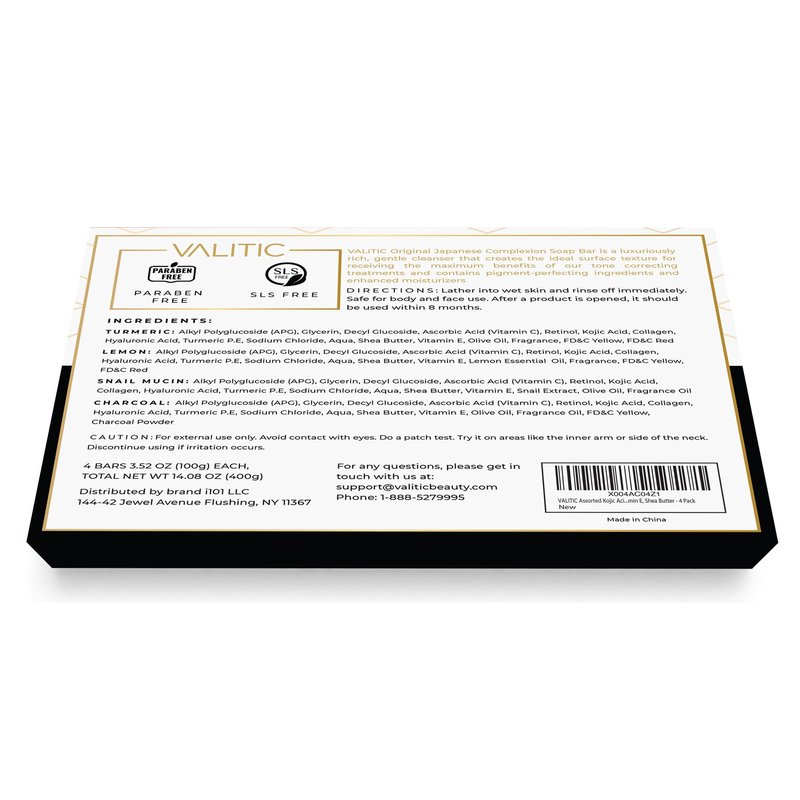VALITIC Kojic Acid Soap Bars - Turmeric, Snail Mucin, Charcoal and Lemon - 4 Assorted Dark Spot Remover Soaps with Hyaluronic Acid, Vitamin C, Vitamin E and Shea Butter