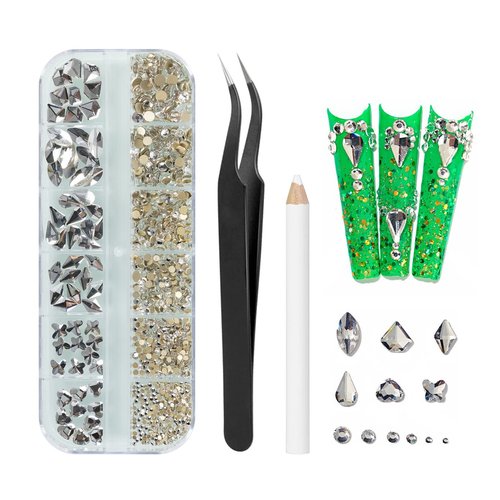MAEXUS Nail Art Rhinestones, Nail Gems Flat Back with Tweezers and Drill Pen for Nail Art Craft, Face Make-up, Home DIY and Professional Use (580 Pcs, White)