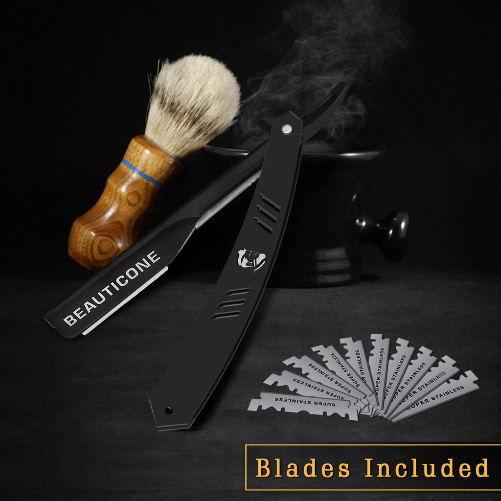 BEAUTICONE Barber Straight Razor for Men – Professional Shavette with Slide-Out Blade Holder, 20 Stainless Steel Blades Included, Cut Throat Razor, All Black